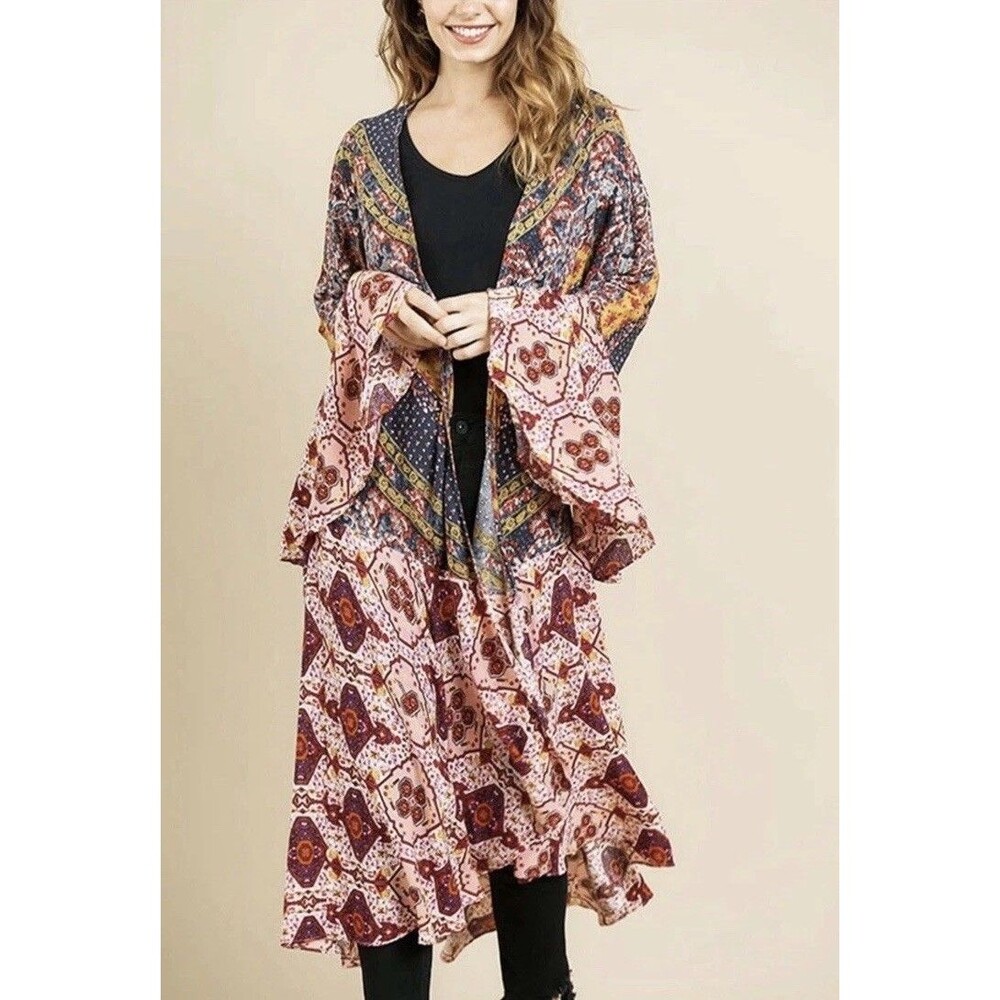 Umgee Open Front Kimono Womens S Floral Bell Sleeve Duster Boho Western Festival